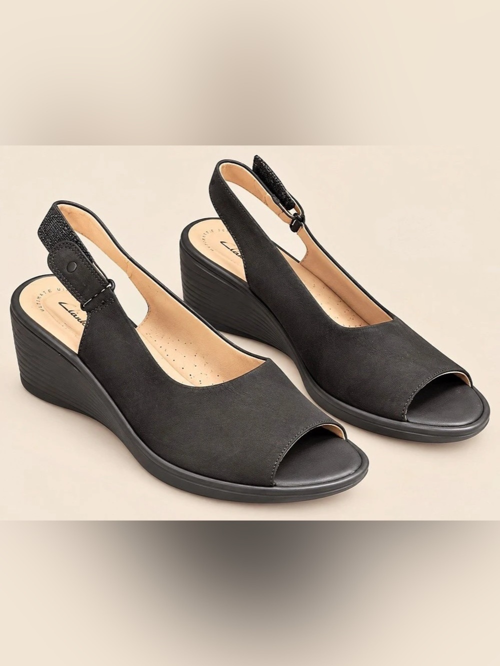 Clarks Womens Reedly Shaina Wedge Peep-toe Sandal Size 8.5 Black Nubuck